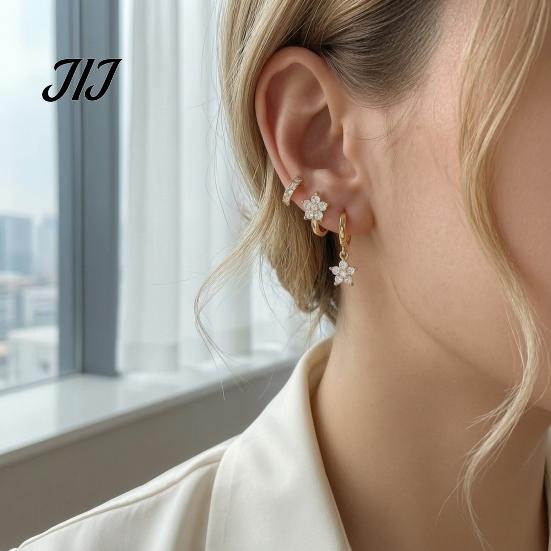 Chic Gold Plated Ear Decorations 3 Pairs Star Zirconia Flower Drop Earrings, Minimalist Dangle Earrings Stylish Gift for Her on Anniversary