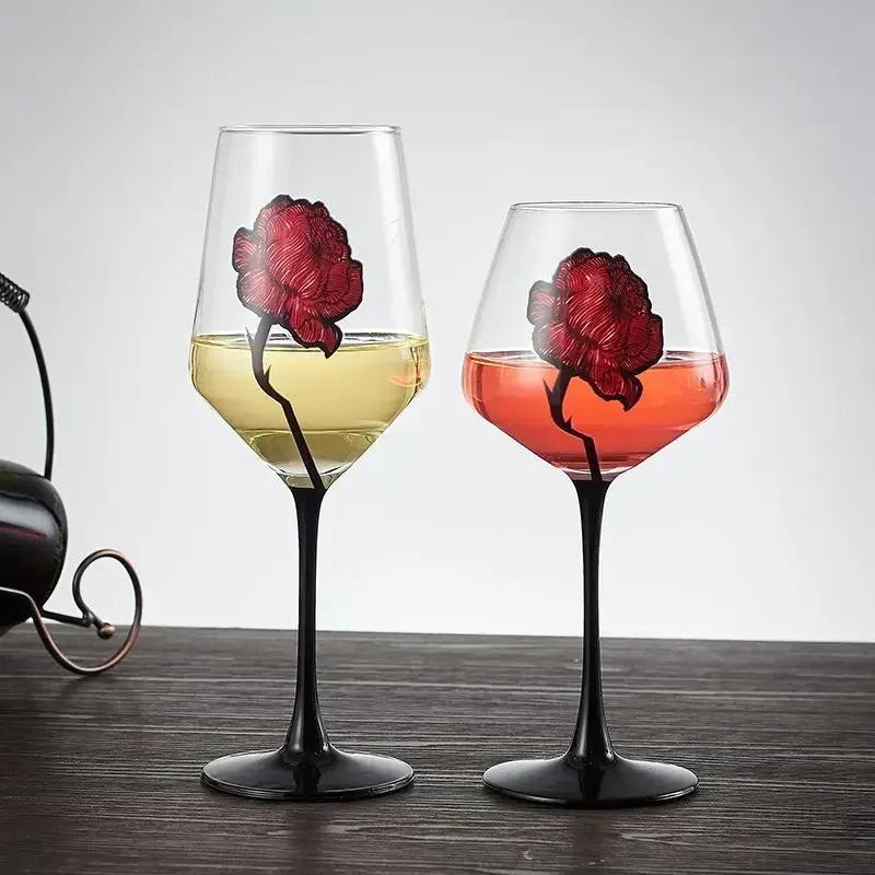 1pcs Hand Drawn Red Rose Patterned Cup Wedding Red Wine Champagne Glass Valentine's Day Wedding Rose Pattern Glass Wine Glass