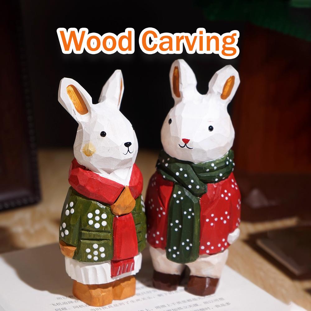 Christmas White Rabbit Figurine Room Decor Handcrafted Wood Carving Home Decorations Desk Accessories Room Wooden Rabbit Statue