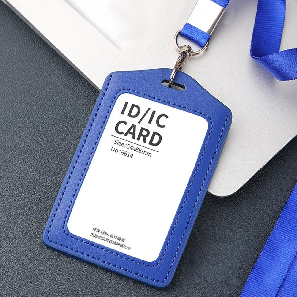 

High Quality Genuine Leather Work Card Holder With Neck Lanyard Solid Color ID Card Cover Id Name Tag Business