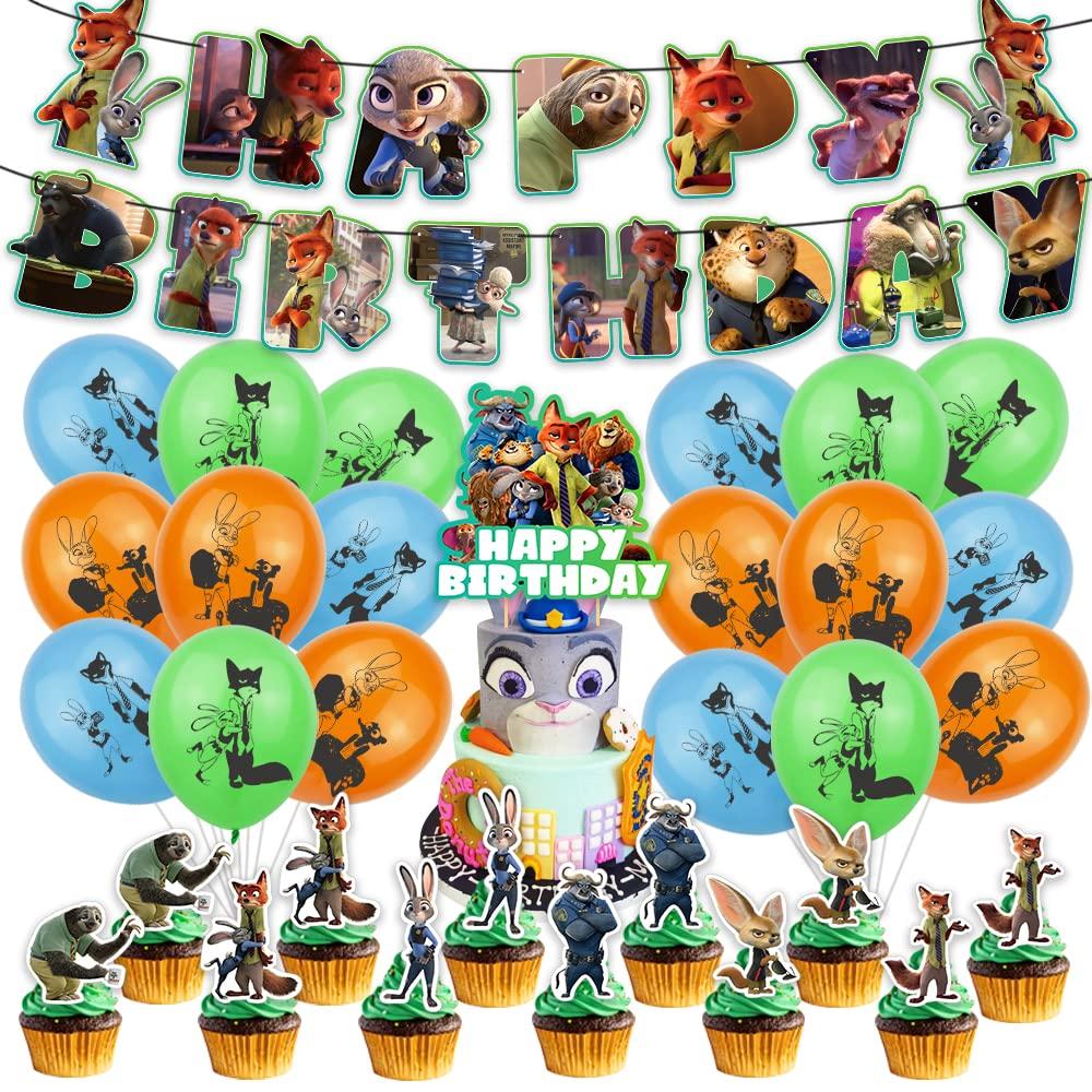 Zootopia Birthday Decorations Party Set, Disney Characters, Animation, Cute Animals, Zootopia Judy, Nick, Kids, Girls, Boys, Orange, Blue, White,