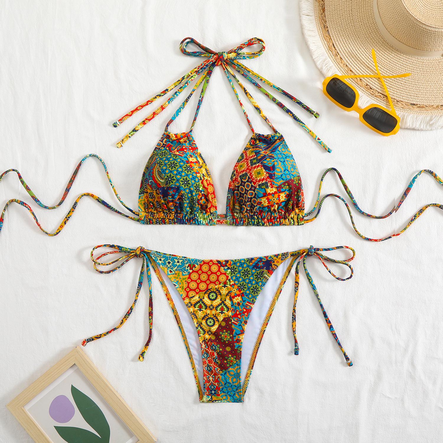 

2025 European & American Women s Print Sexy Backless Double Tie Bikini Swimsuit Small