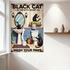 Vintage Black Cat I.S. Strength Soap Co. Bathroom Scene Metal Tin Sign, Retro Wall Decor with Cats, Beige Striped Background, Ho