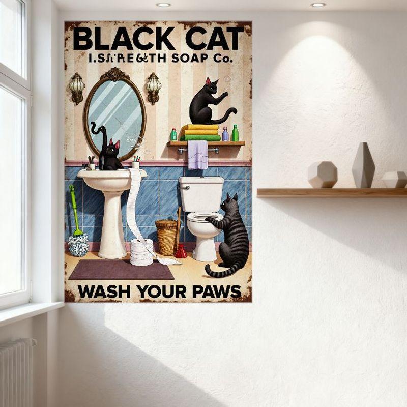 Vintage Black Cat I.S. Strength Soap Co. Bathroom Scene Metal Tin Sign, Retro Wall Decor with Cats, Beige Striped Background, Ho