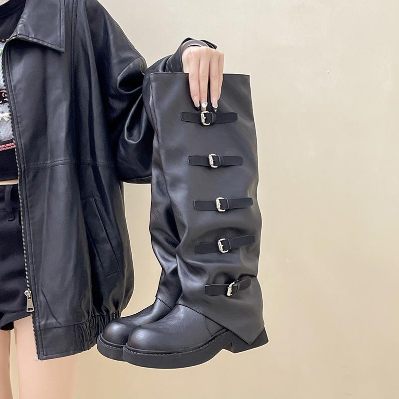 Vintage belt buckle pleated leather boots autumn fashion versatile stacking boots women's outer wear sequined cloth knight boots pant tube boots