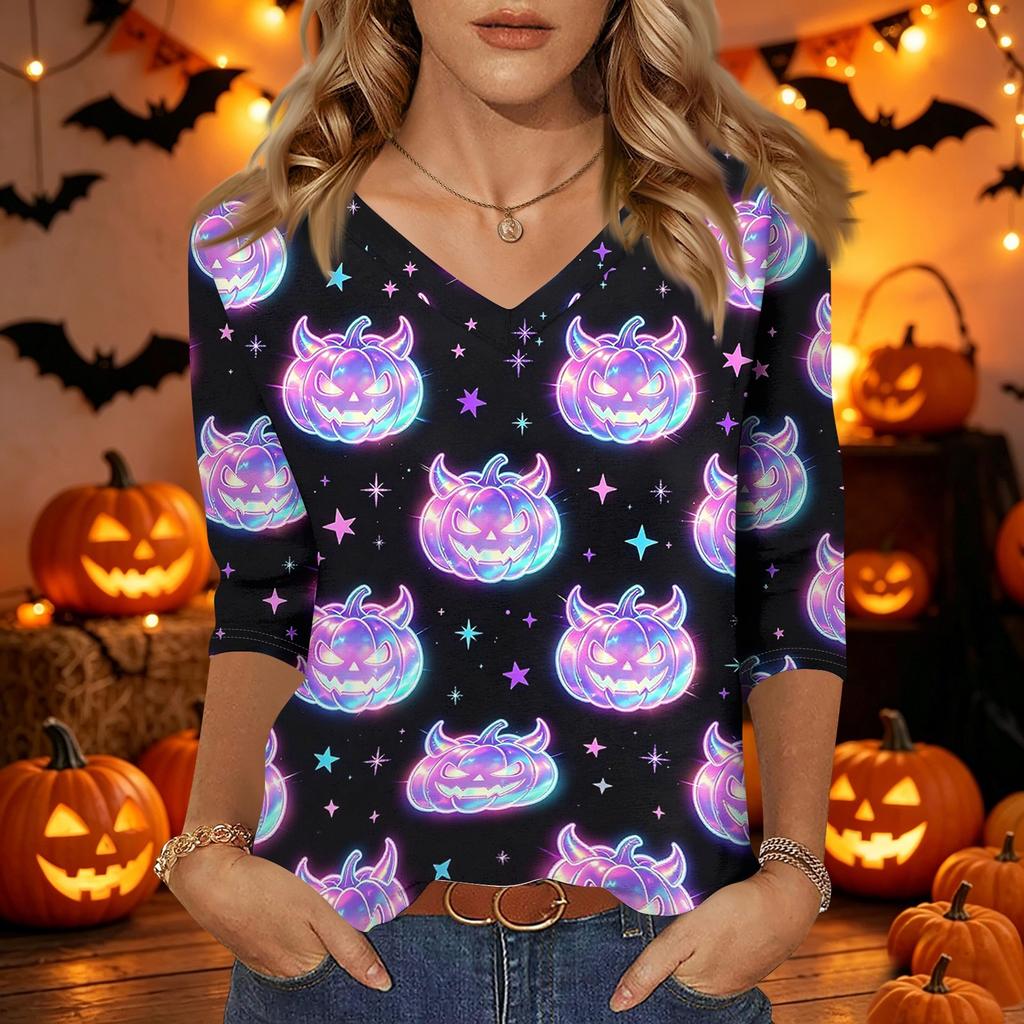 Damen Freizeit V-Ausschnitt Dreiviertelarm Oberteil Halloween Kürbisdruck Leichte Bluse für Herbst und Alltag