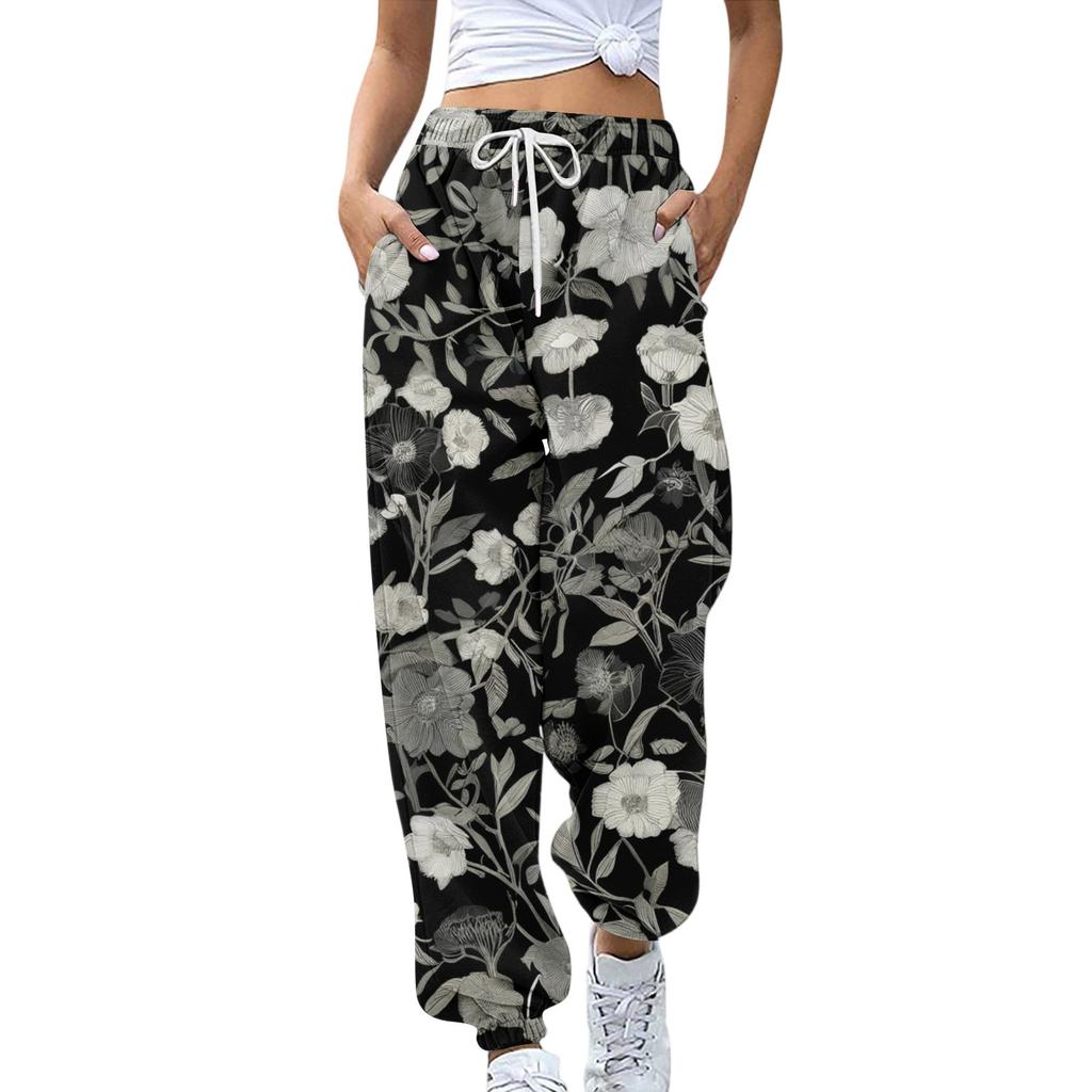 Women's Sports Pants With Pockets Fashion Floral Print Elastic Waist Pants Casual Sweatpants Pants