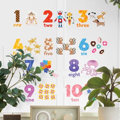 2Pcs/Set Number Wall Sticker Cartoon 1-10 Numbers Animal English Words Educational PVC Living Room Number Learning Wall Decal Kindergarten Supplies