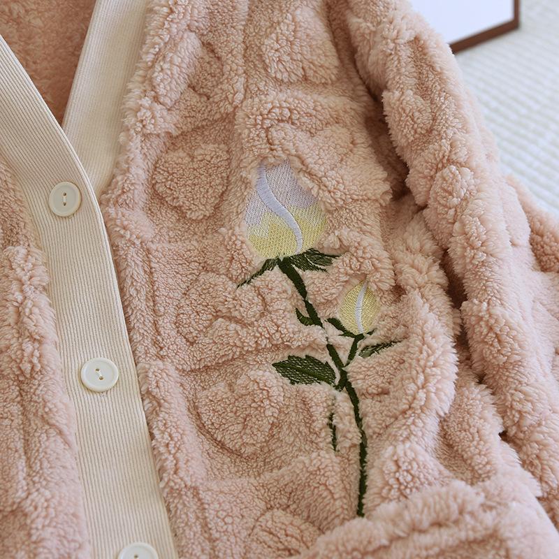Bestickte Blumen-Pyjama V-Ausschnitt Schlafanzug Set Damen Winter Dicke Flanell Hausanzug mit Tasche Warm Korallenfleece Nachtwäsche