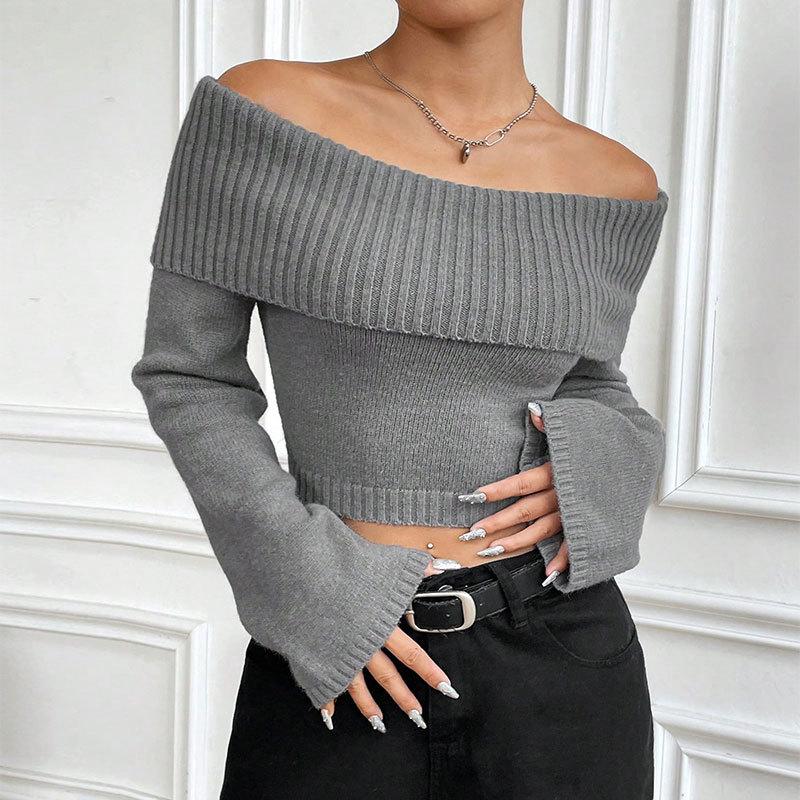 European and American autumn new knitted sweater top fashion slim one-word collar off-the-shoulder pullover sweater women
