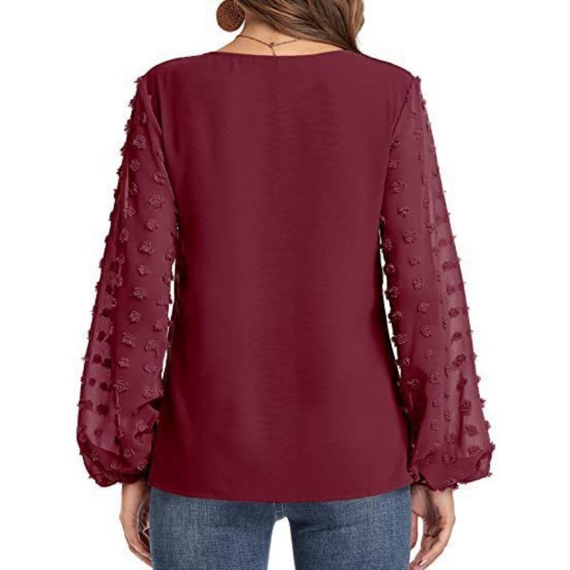 Women S V Neck Long Sleeve Chiffon Blouse Jacquard Loose Top