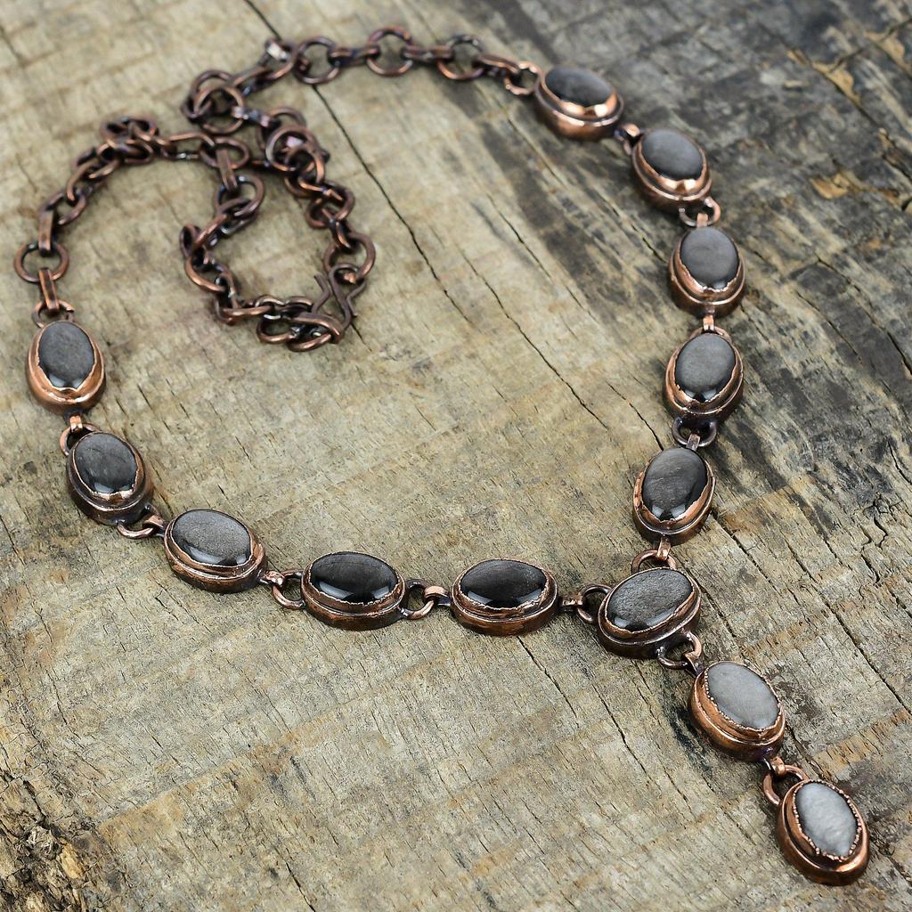 Collier en obsidienne argentée, collier à chaîne ajustable en cuivre électroformé, collier de pierres précieuses, bijoux en cuivre pour cadeaux, collier fait main