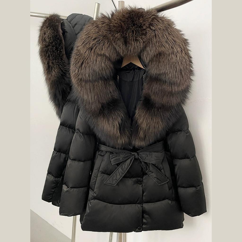 Winter Fox Big Fur Collar High-end Thickened Down Jacket Women's Mid-length Waist Imitation Leather Jacket