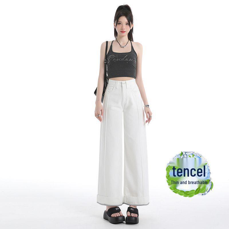 Women s 2025 Summer Thin Wide-Leg Cropped Jeans - Loose, Slimming, Straight-Leg Pants S