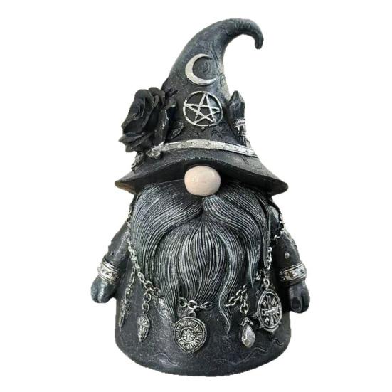 Faceless Wizard Figurine Hat Gnome Figurine, Mystical Home Decor Statue with Crescent Pentagram Black Rose Gothic Bookshelf Decoration Rune