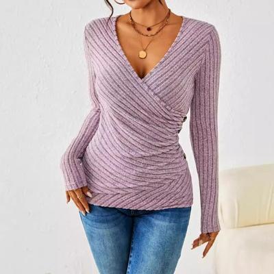 Women's Spring Autumn Solid Color V-neck Casual Long Sleeved Women's Top Pullovers & Long Sleeves Women’s