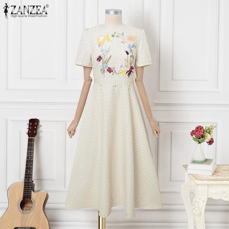 ZANZEA Dámské ležérní šaty s kulatým výstřihem, letní, s krátkým rukávem, s květinovým potiskem