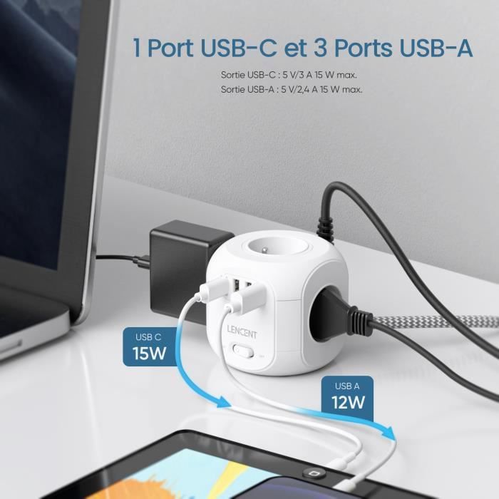 Lencent bloc multiprise 3 ports usb a +1 ports usb c chargeur et 4 prises 10a 2500w avec interrupteur, tressé câble 2m