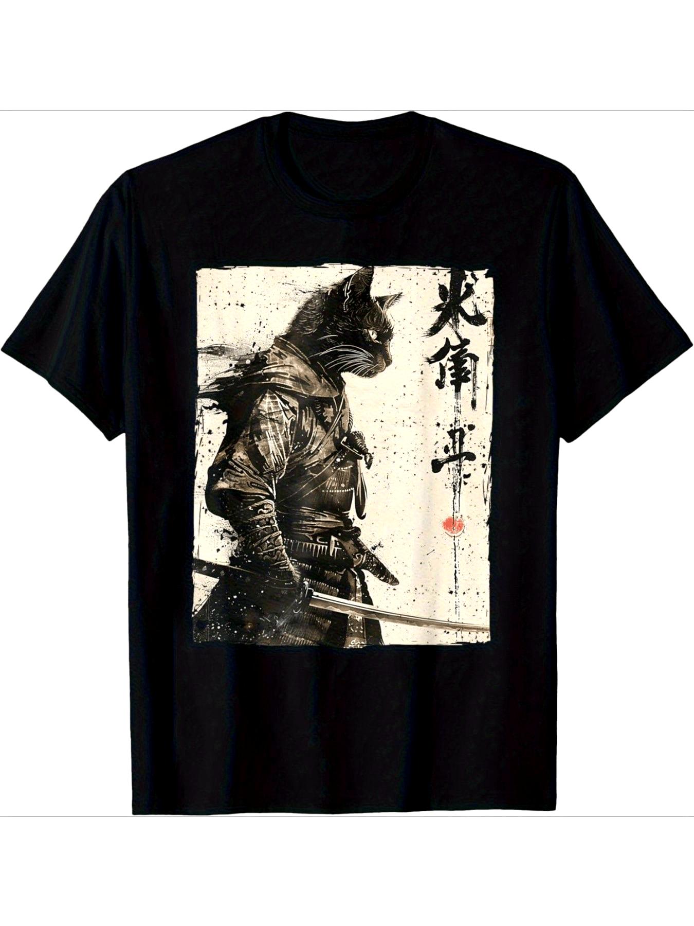 Japanese Anime Samurai Cat Pattern Tshirt Soft Casual Shirt Retro Street Style Shortsleeved Shirt Idea for Cat Lovers Black S