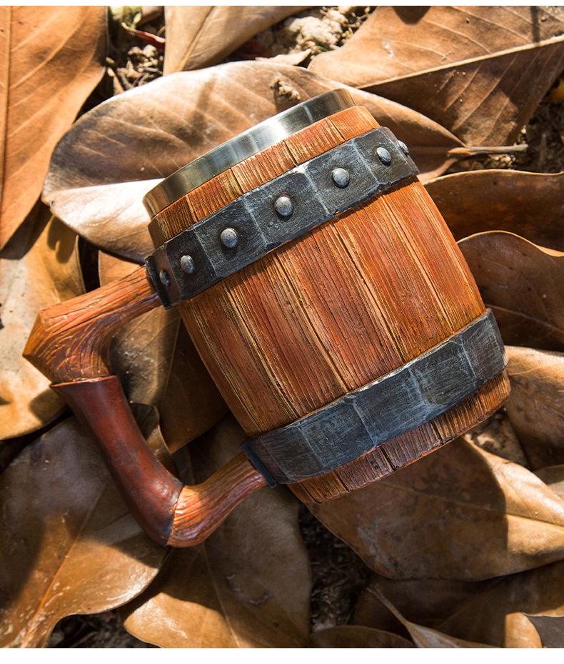 Handcrafted Wooden-Style Barrel Beer Mug with Stainless Steel Lining – Large Capacity