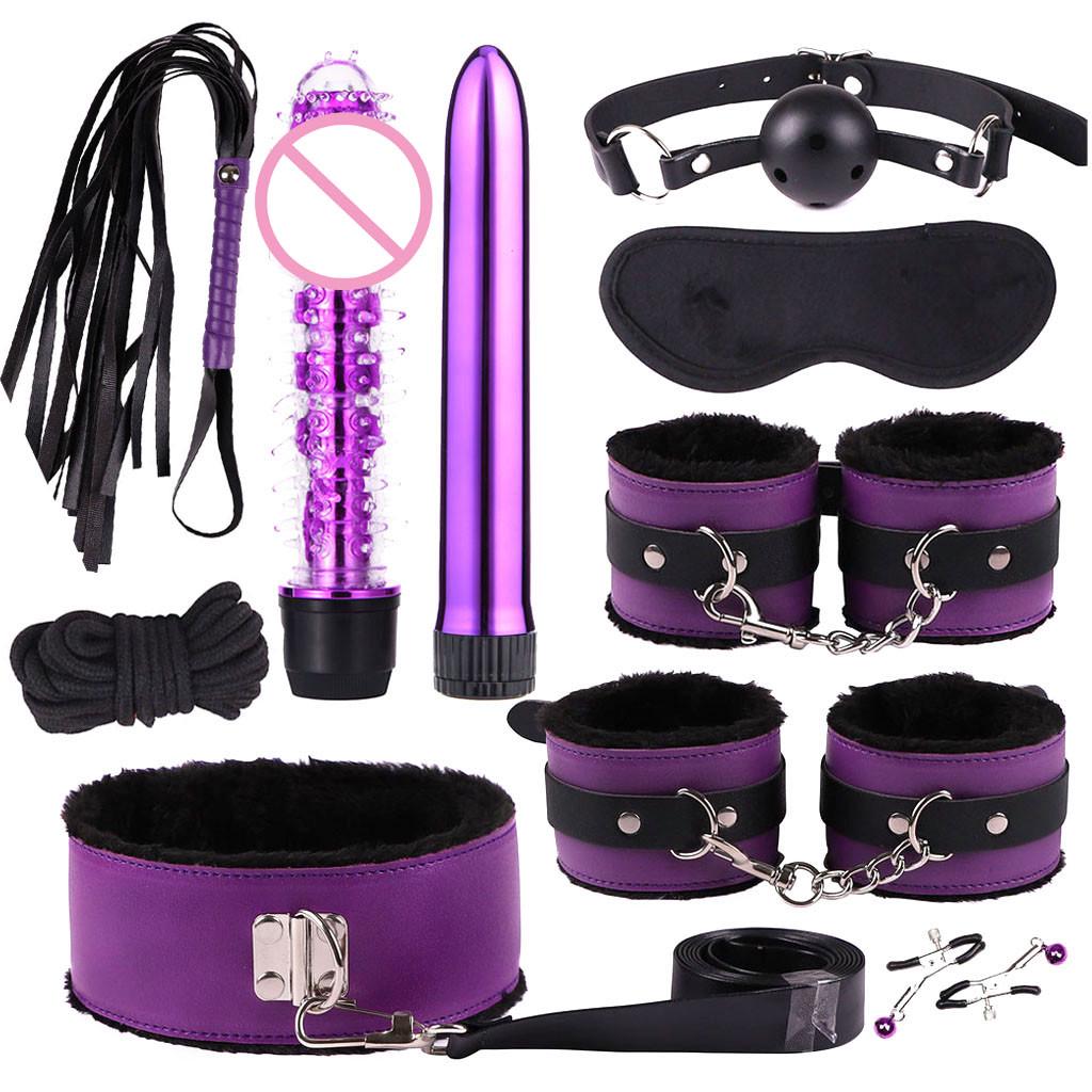 Plüschanzug Peitsche Vibrator Handschellen gebündelt Bindung Sexy Spielzeug Set SM Spiel Kit 10PC