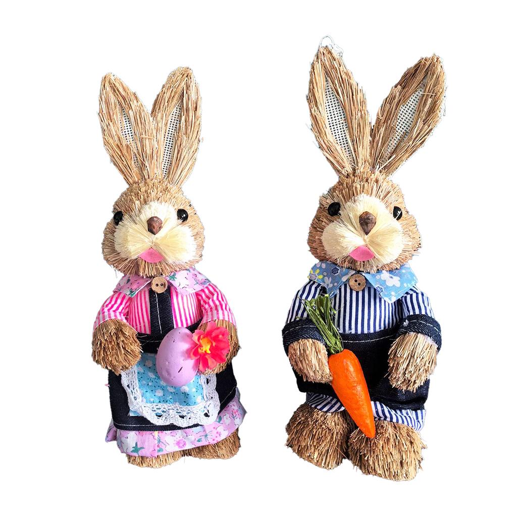 25CM Easter Standing Bunny Couple Figurines Handmade Straw Rabbit Statues for Home Table Garden Decor
