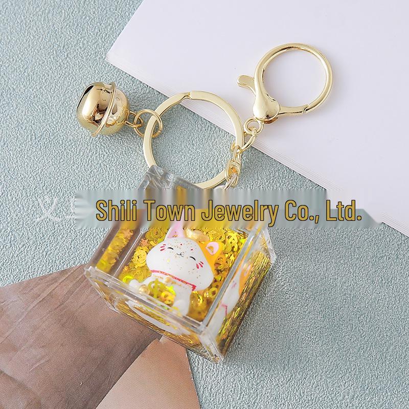 Crystal Gold Lucky Cat Keychain Pendant – Flowing Sand Figurine Ornament