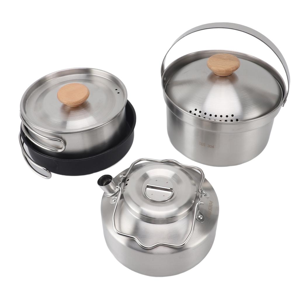 Camping Cookware Set Stainless Steel Pot Pan Kettle Kit Portable Lightweight Outdoor Cooking Set