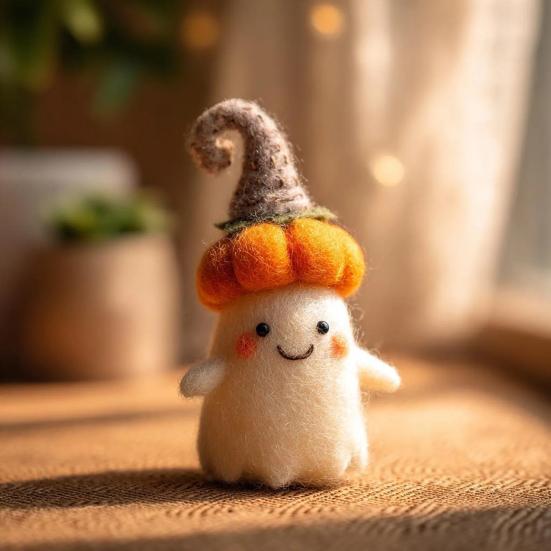 Handmade Felt Halloween Ghost Pumpkin with Wizard Hat Wool Felted Ghost Ornament for Halloween Home Shelf Desk Decor
