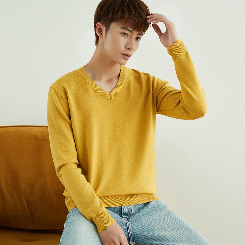 Autumn and Winter V-neck Round Neck Men's Knit Sweater Simple Wind Wild Color Pure Color Pullover Sweater Bottoming Business Sweater