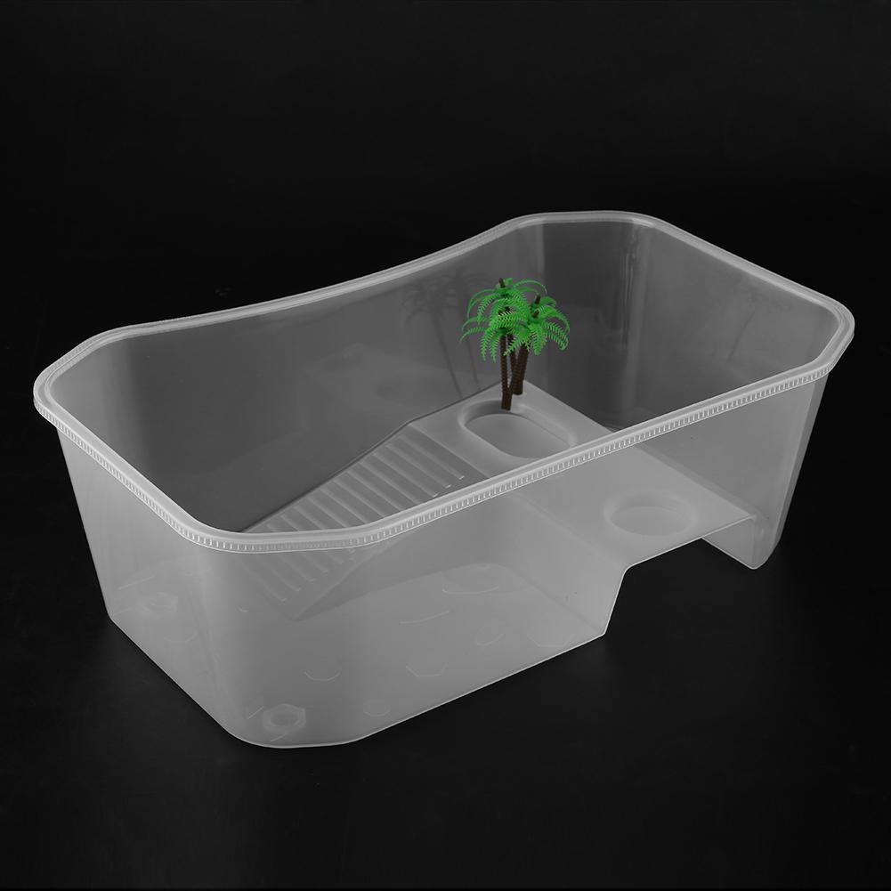 Small Plastic Open Fish Tank with Basking Platform for Turtle Reptile(White)