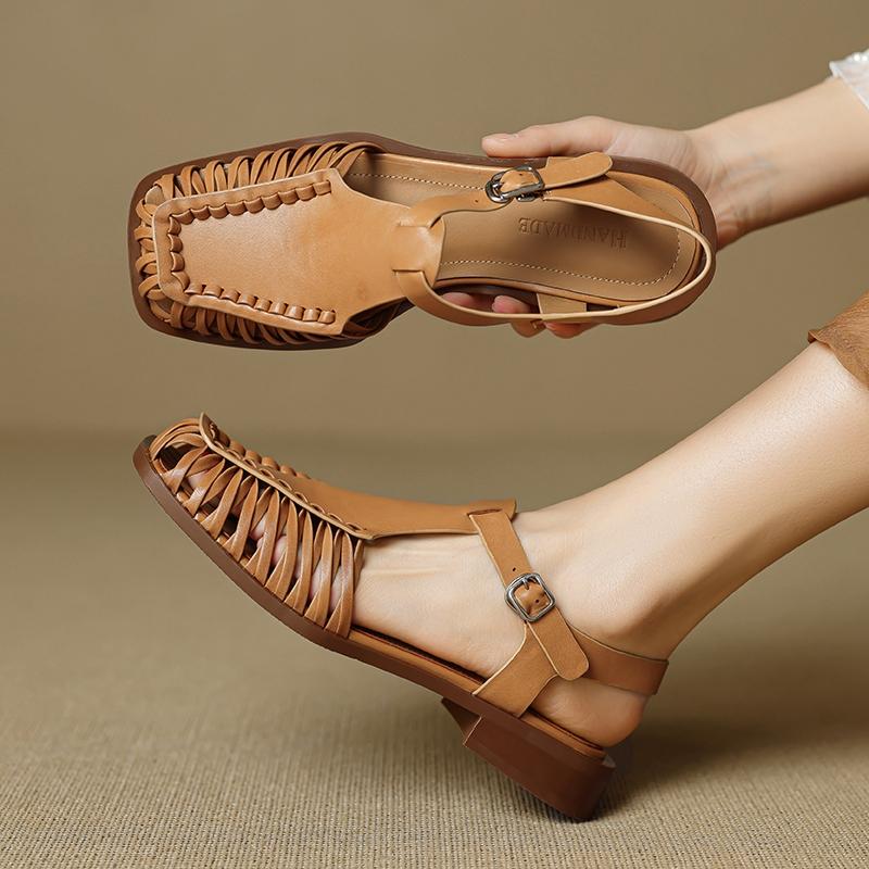 Fashion Women's new summer square head genuine leather cowhide low heel retro elastic buckle comfortable breathable hooded Roman sandals