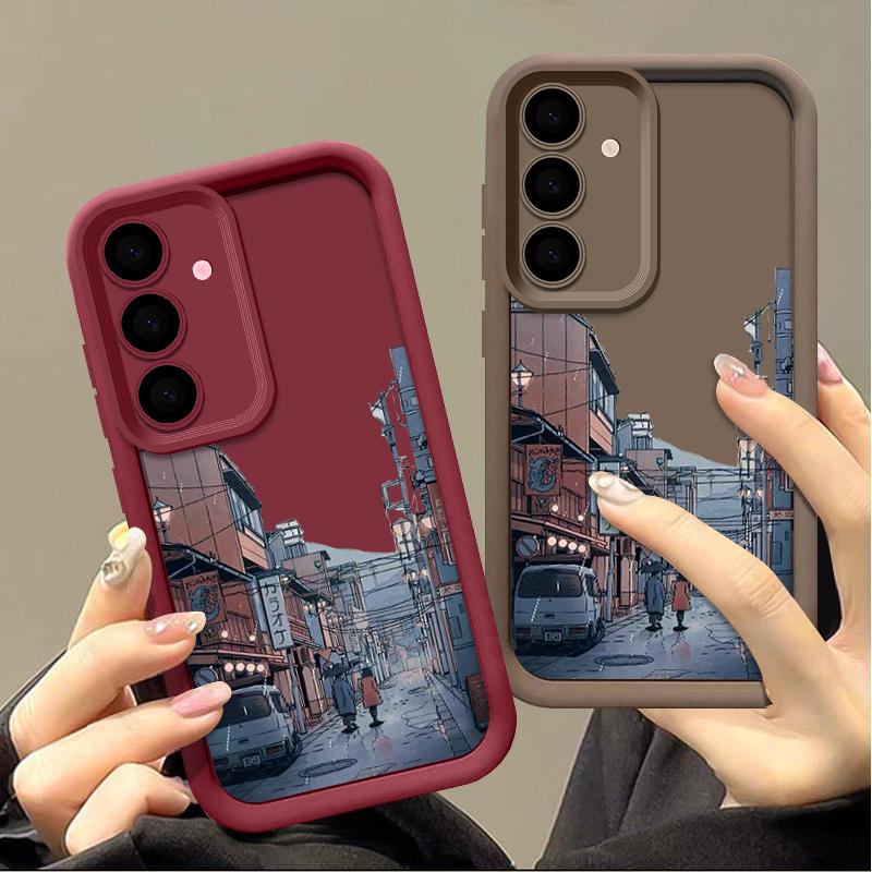 Silikon Mykt Deksel med Tegneserie By-mønster for Samsung S25 S24 S22 Ultra Plus S23 S21 S20 Fe A55 A54 A53 A35 A15 A16 Ensfarvet Linsebeskyttelsesdeksel