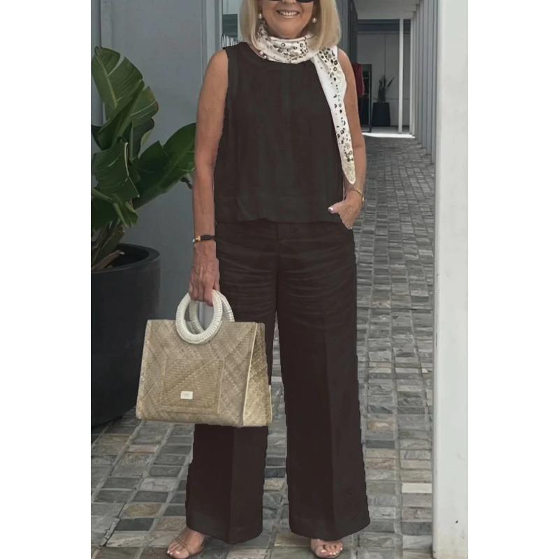 VEZFAA Pantalons décontractés à col rond pour femmes, couleur unie, imprimés, sans manches, à la mode, été, printemps