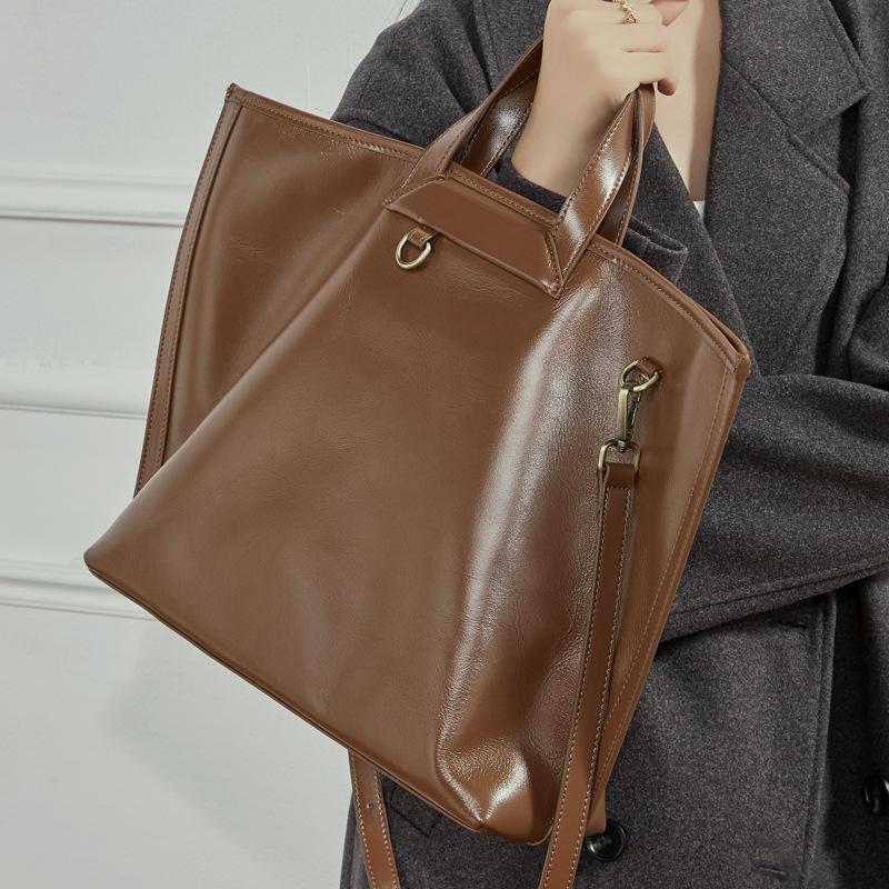 Foreign Trade Top Layer Vegetable Tanned Cross-Border Guangzhou Genuine Leather Women's Bag Large Capacity Commuter Handbag Tote Bag