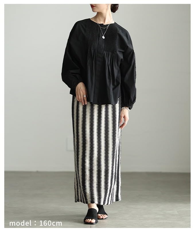 la Summer crochet knit long skirt for Long length skirt with elastic openwork relaxed Free Size Black Stripe [sawa á mode] mood-enhancing women.