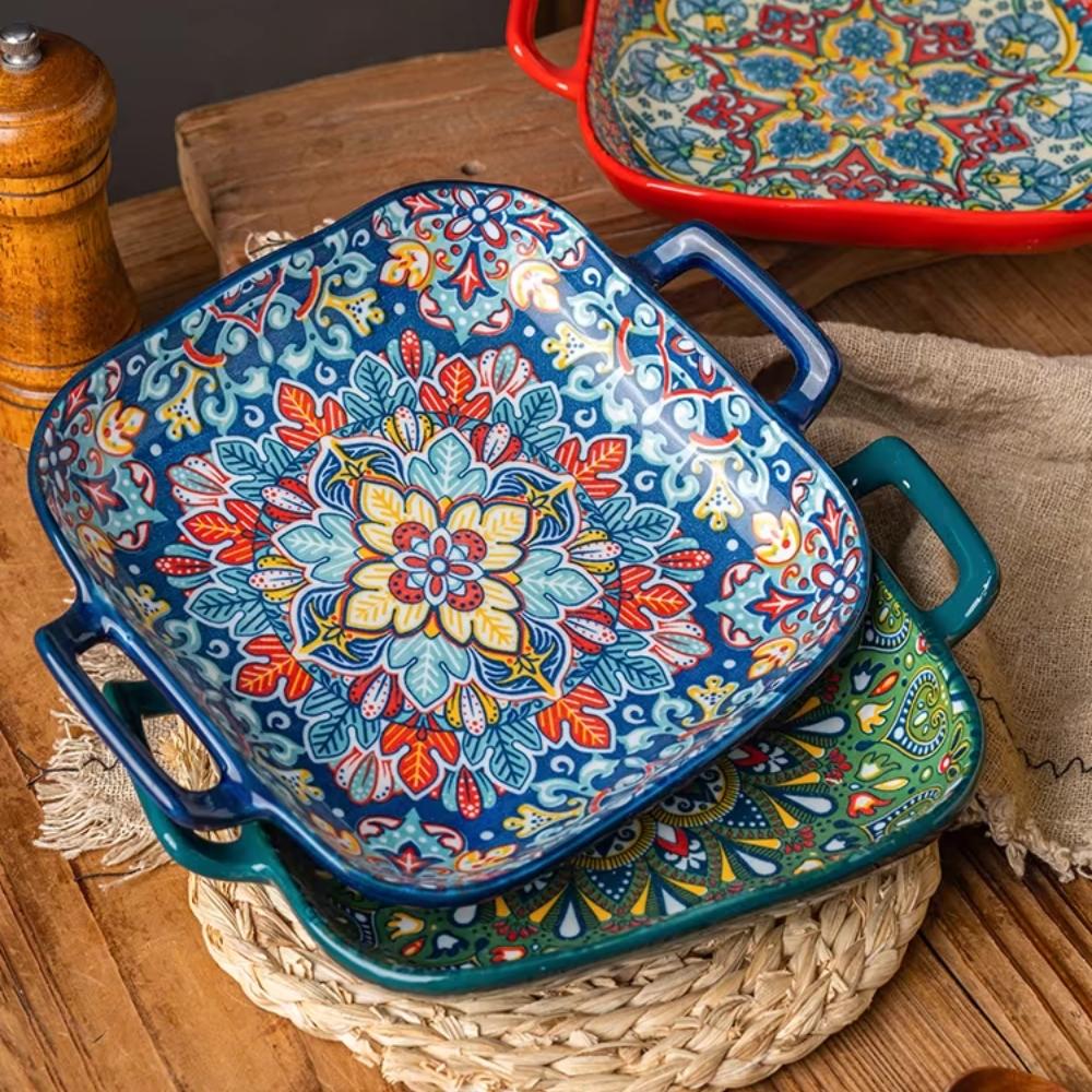 1 Piece of 9-inch Bohemian Style Salad Plate with Double Ear Ceramic Pasta Dish, Can Be Used for Oven, Microwave