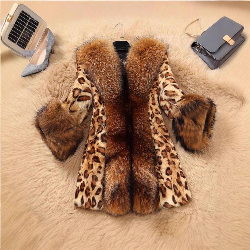 Women's Mid-Length Leopard Print Faux Fur Coat with Raccoon-Style Collar