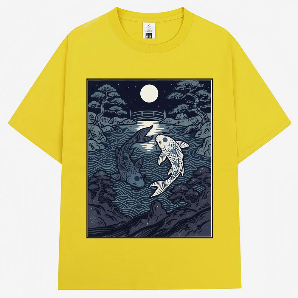 Japanese Style Yin Tang Koi Fish Moonrise Graphic T Shirt   Fashion Vintage T-shirts Oversized Cotton Casual Y2k T-shirt