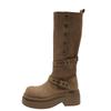 Vintage Knight Women Mid Calf Boots Fashion Slip On Long Booties Autumn Winter Thick Heels Ladies Shoes