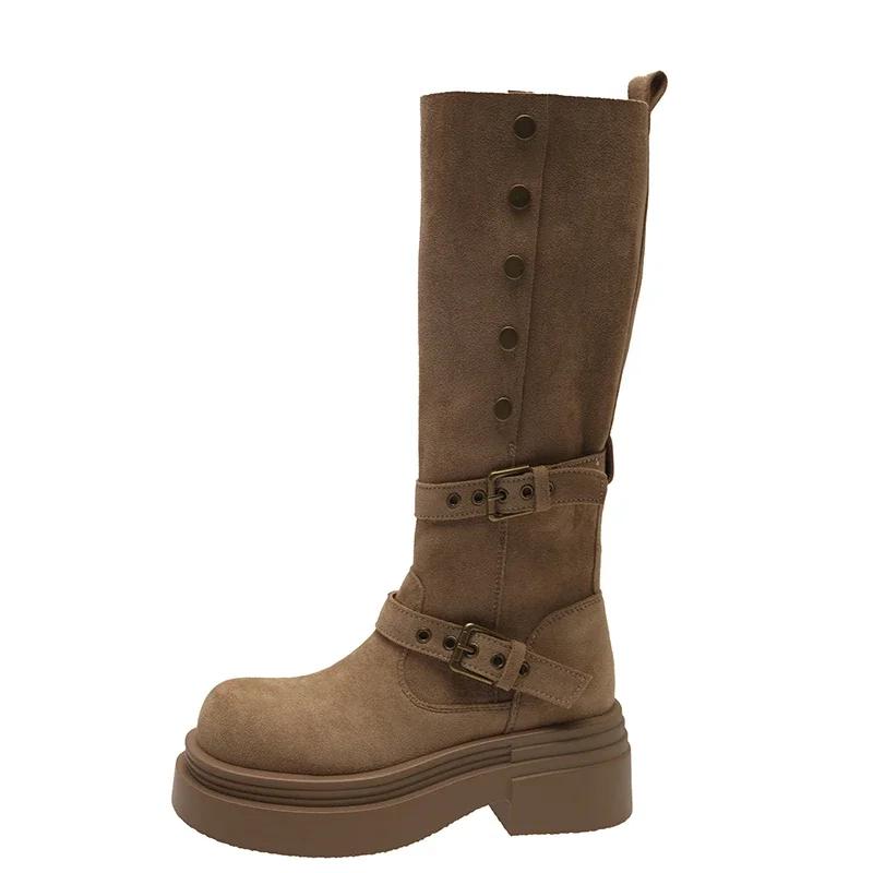 Vintage Knight Women Mid Calf Boots Fashion Slip On Long Booties Autumn Winter Thick Heels Ladies Shoes