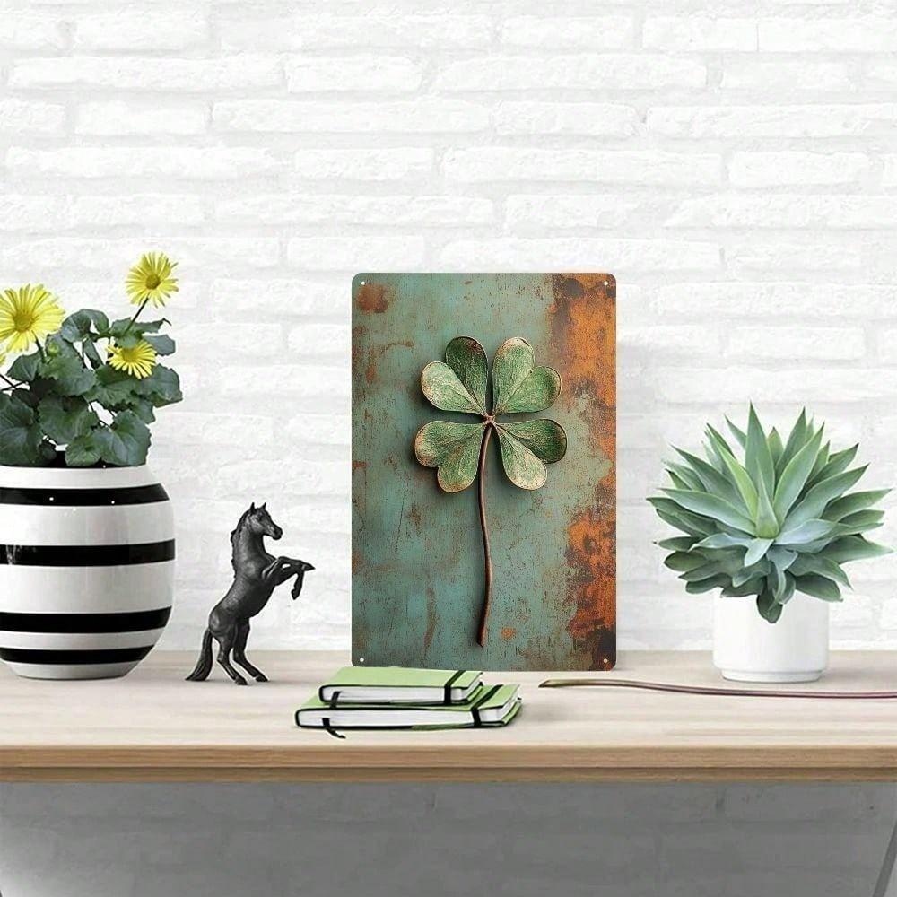 Arte da Parete Quadrifoglio in Ferro Vintage, Cartello in Metallo Rustico da Fattoria, Finitura Verde Usurata, Decorazione per la Casa
