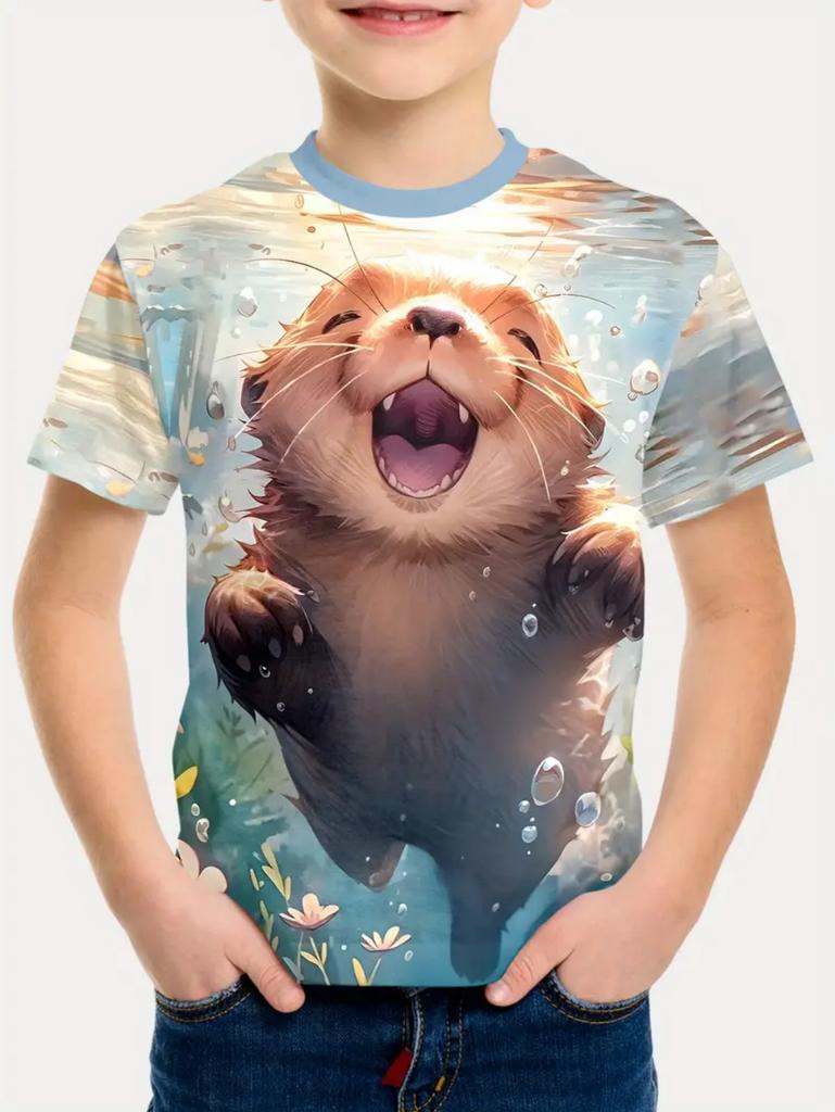 Cute Capybara Pattern Children's Clothing, Girls' Short-sleeved T-shirts, Loose-fitting Pullovers, Boys' Casual T-shirts.
