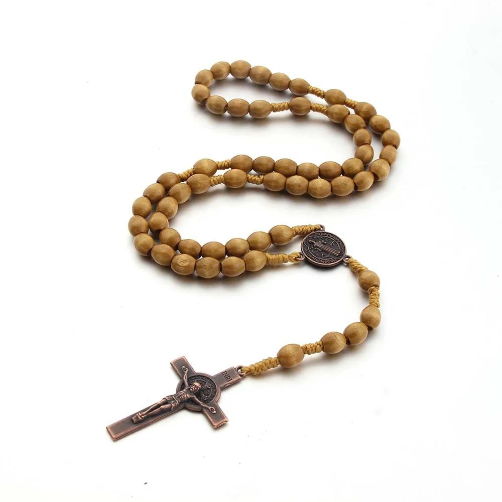 Handmade Wood Beads Rosary Necklace For Women Men Crucifix Cross Pendant Long braided Rope Chain Religious Praye Jewelry