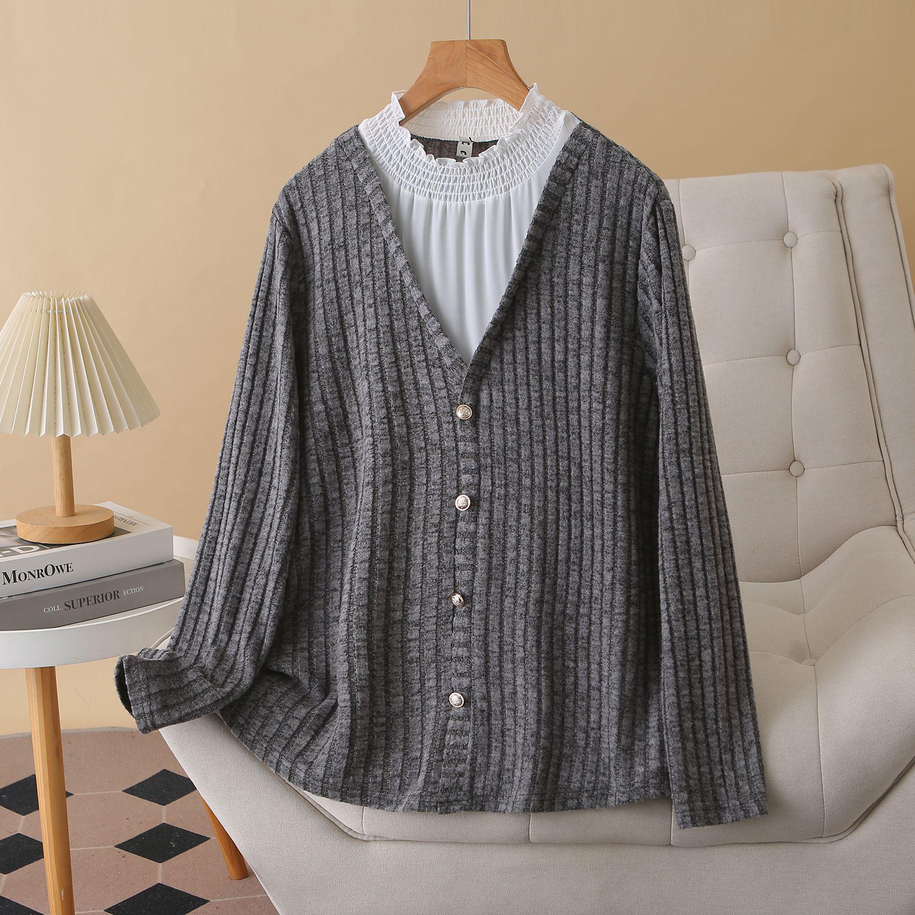 Plus Size Women s Ribbed Knit 2-Piece Look Long Sleeve Base Layer Top for Spring 2026 XL серый
