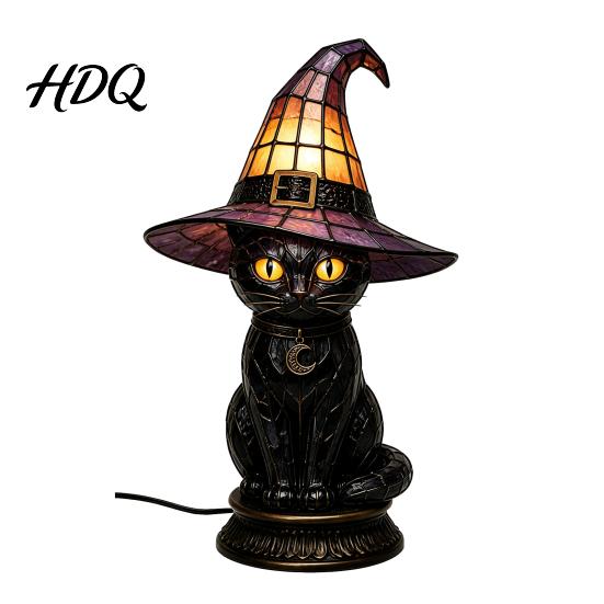 Transparent Gemstone Table Light Black Cat Witch Hat Lamp with Dreamy Purple Light Eye Protection Lamp Gothic Retro Halloween Ornament for Bedroom