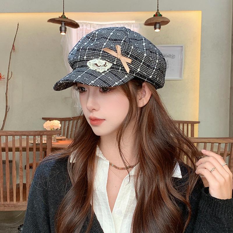 

Octagonal hat female face small big head circumference spring and autumn duck tongue beret Korean version of British painter hat M（56-58cm）