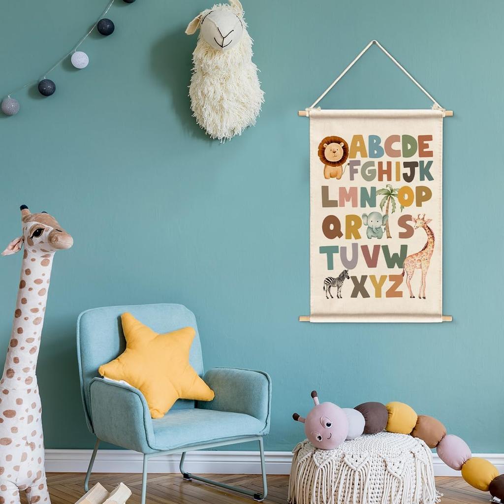 XIPLUM ABC Alphabet Poster Hanger Safari Nursery Wall Art Alphabet Artwork for Classroom Wall Decor Safari Jungle ABC Letters Hanging Banner Prints