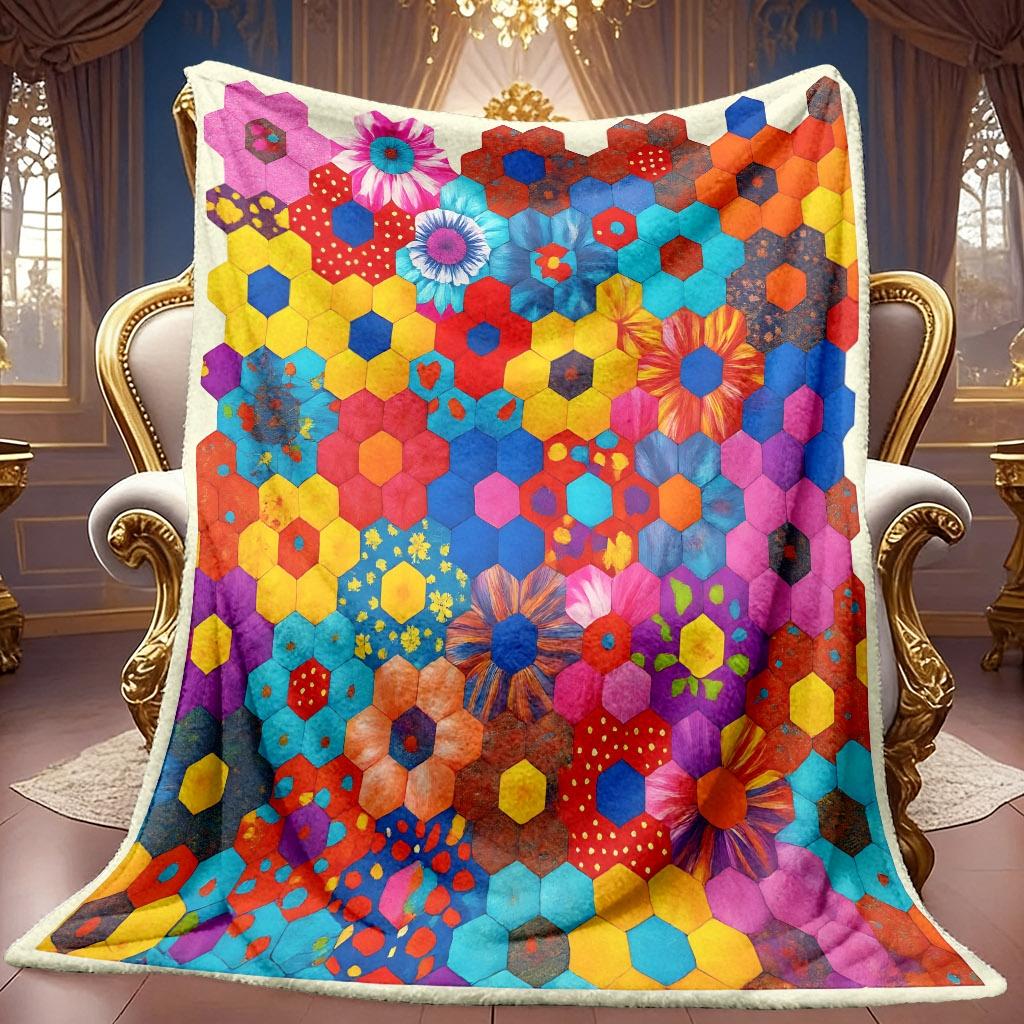 1pc 2D Multicolor Hexagonal Patchwork Floral Theme Pattern Fleece Blanket, Soft HD Digital Print Cooling Blanket Suitable for All Seasons! Soft And Br