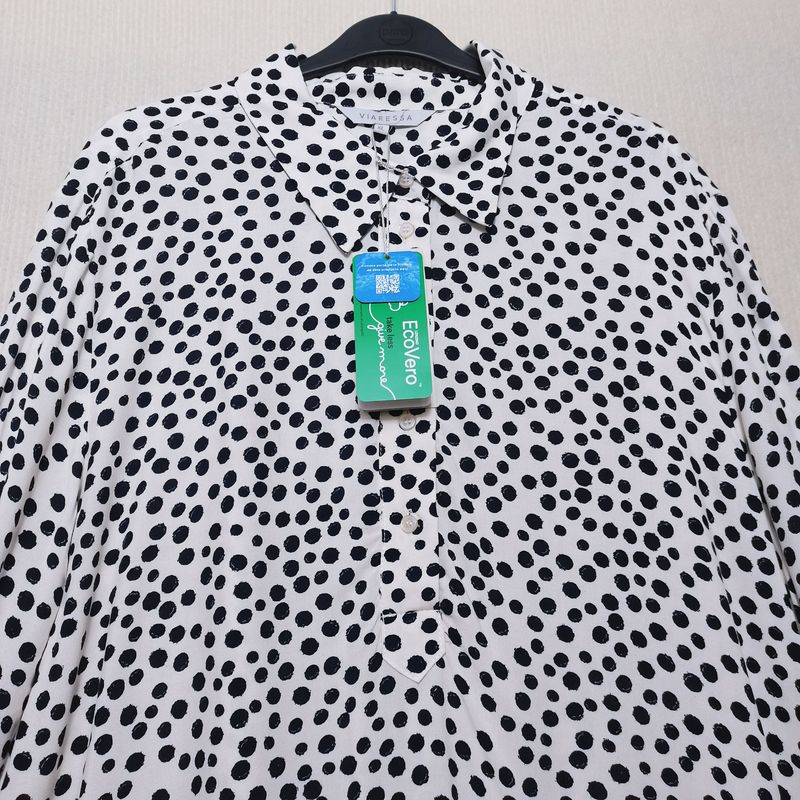 Export Exported to Spain Original Order Leftover Stock Rayon Polka Dot Half Open Pullover Long Sleeves Shirt for Women Mid Length Long Length Autumn